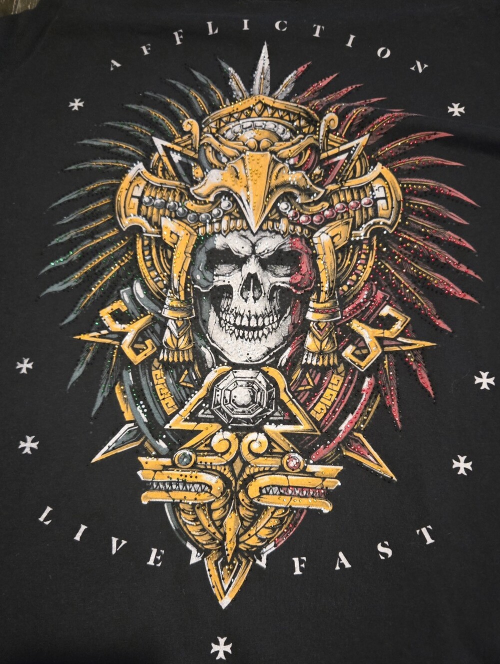 Affliction Black Graphic Tee with Gold, Red and Green Skull Crest